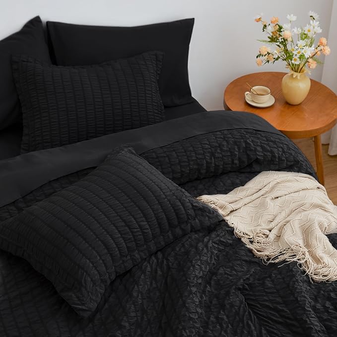 Love's cabin Seersucker Black Twin Comforter Set, 5-Piece All Season Lightweight Bed in a Bag Bedding Set with Comforter, Flat Sheet, Fitted Sheet, Pillowcase and Sham | Soft, Breathable, Lightweight