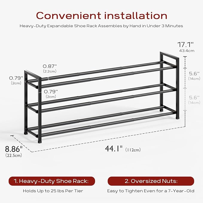 Bumusty 3-Tier Long Expandable Shoe Rack for Closet, 18"-44" Adjustable Shoe Rack for Entryway, 15-18 Pairs Large Shoe Organizer Shelf Storage, Sturdy Metal, Black - Image 3