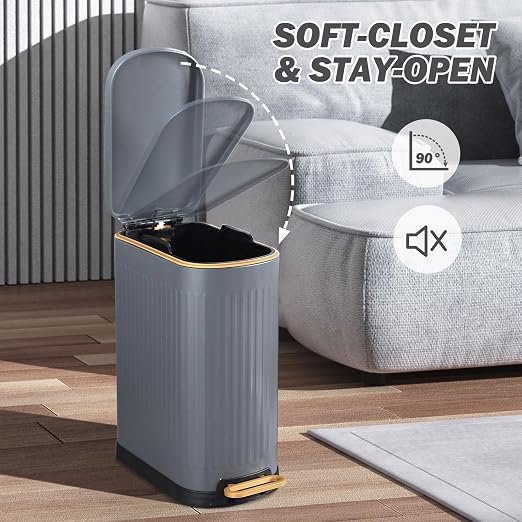 SYNCVIBE Slim Bathroom Trash Can with Soft Close Lid Stainless Steel Garbage Can Step Trash Bin with Removable Inner Bucket for Bedroom, Office, Kitchen (Matt Grey, 3.5 Gallons) - Image 4