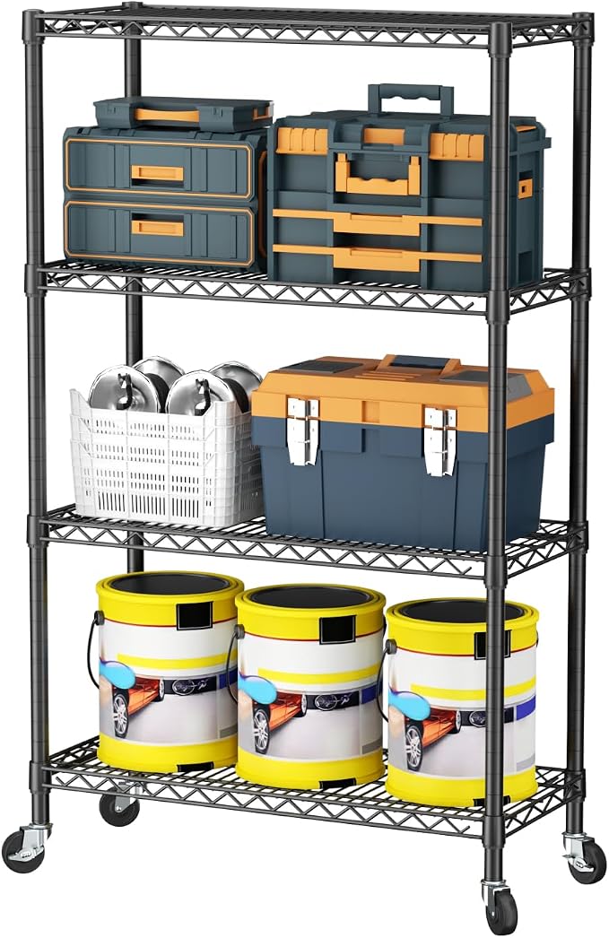 SINGAYE 4 Shelf Storage Wire Shelves Closet Bathroom Organizers Metal Pantry Kitchen Garage Shelving Unit Laundry Room Organization Home Narrow Rack Net Basket with Wheels Black by SINGAYE