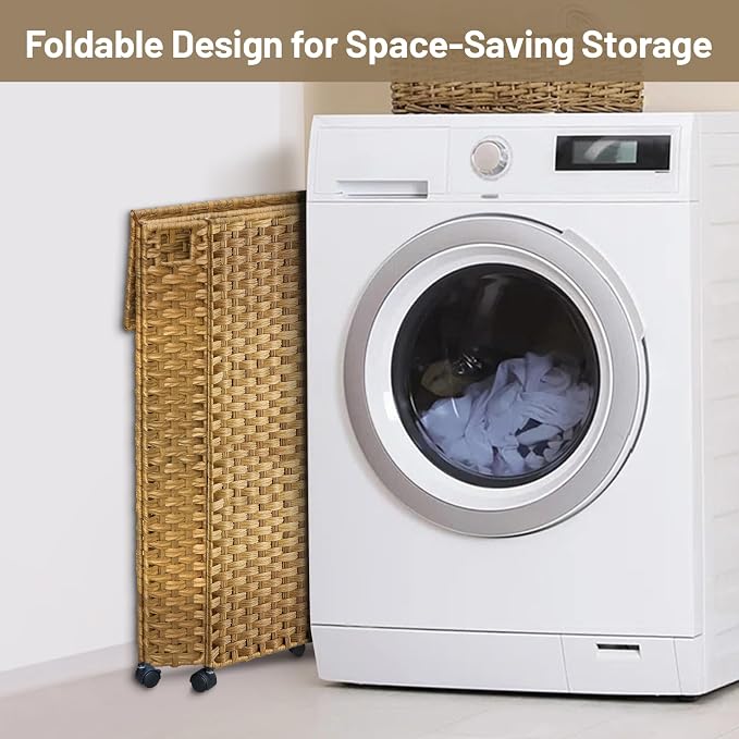 70L Slim Laundry Hamper with Lid & Wheels, 2-Park Rolling Laundry Basket with 4 Removable Liner Bags & 3 Mesh Bags, Narrow Dirty Clothes Basket, Foldable Handwoven Rattan Laundry Sorter, Natural - Image 8