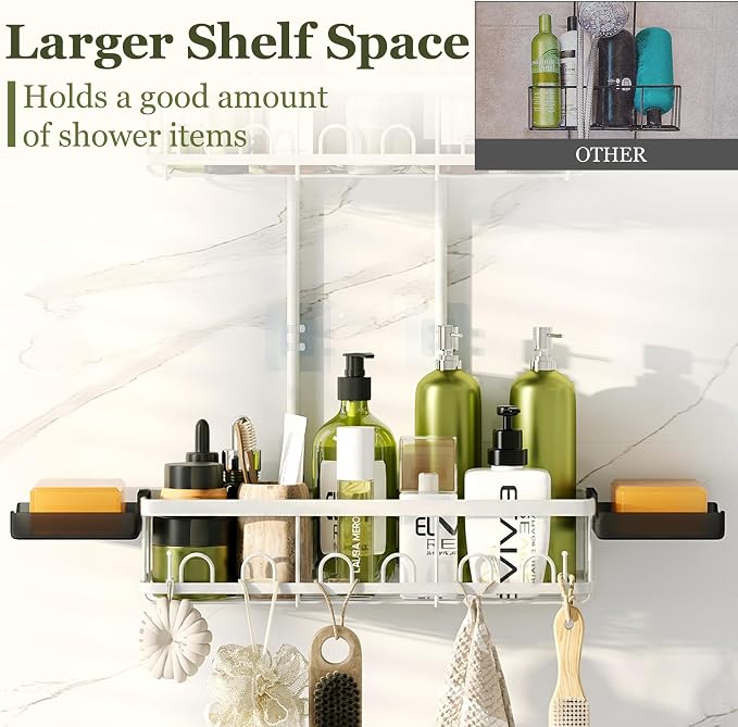 Skyapex Shower Caddy Hanging: Adjustable Height Organizer for Over Showerhead - Rustproof Shower Shelves with Hooks & 2 Soap Holders, White - Image 4