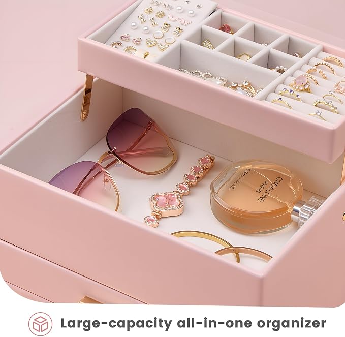 Lolalet Jewelry Box, Clear Window Jewelry Organizer with Drawer for Earrings Bracelets Necklaces Rings, Jewelry Storage for Women -Pink, 4 Layers - Image 4