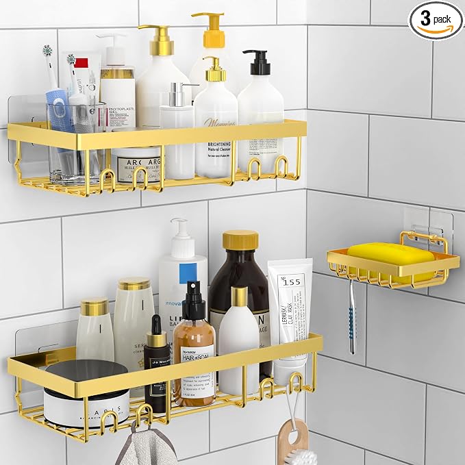 Moforoco 3-Pack Shower Caddy Basket Shelf with Soap Holder, No Drilling Traceless Adhesive Shower Wall Shelves, Rustproof Gold Bathroom Shower Storage Organizer by MOFOROCO