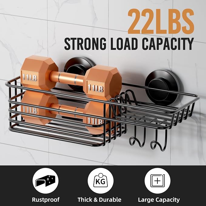 LEVERLOC Shower Caddy Suction Cup, Suction Caddy with Hooks and Soap Holder for Bathroom, No-Drilling Bathroom Shower Organizer, Black - Image 3