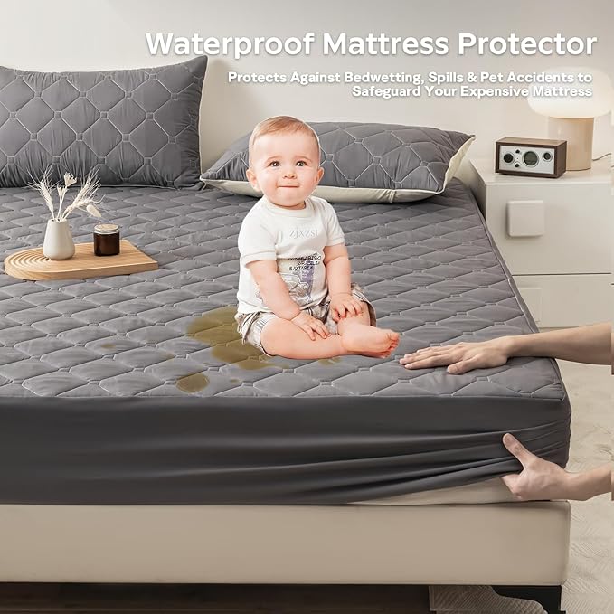 Queen Mattress Protector Waterproof, 18" Deep Pocket Mattress Cover - Lab Tested Leakproof, Oeko-TEX Certified, Breathable & Noiseless, Machine Washable,Queen Fitted Sheet Only (Dark Grey)
