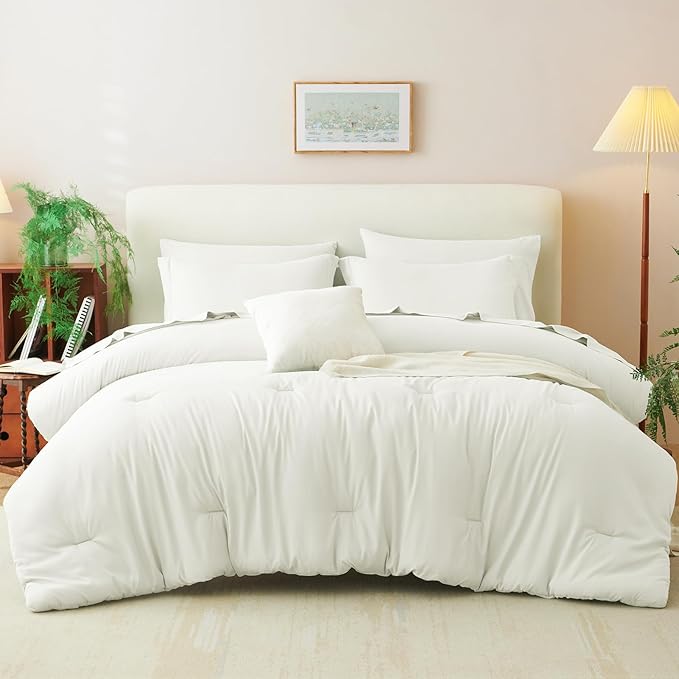 CozyLux Queen Comforter Set Ivory, 7 Pieces Bed in a Bag Queen Comforter Set with Sheets, Luxury Soft Bedding Sets with Down Alternative Comforter, Fitted Sheet, Flat Sheet, Pillowcases & Shams