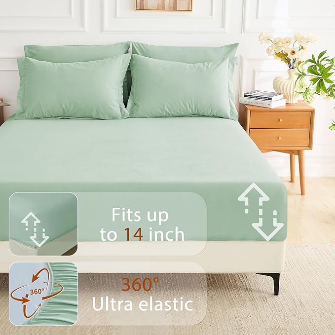 MUXHOMO 7 Pieces King Comforter Set, Soft Bed in a Bag King Size, All Season Bedding Set with Comforter, Flat Sheet, Fitted Sheet, Pillowcases & Shams, Sage Green