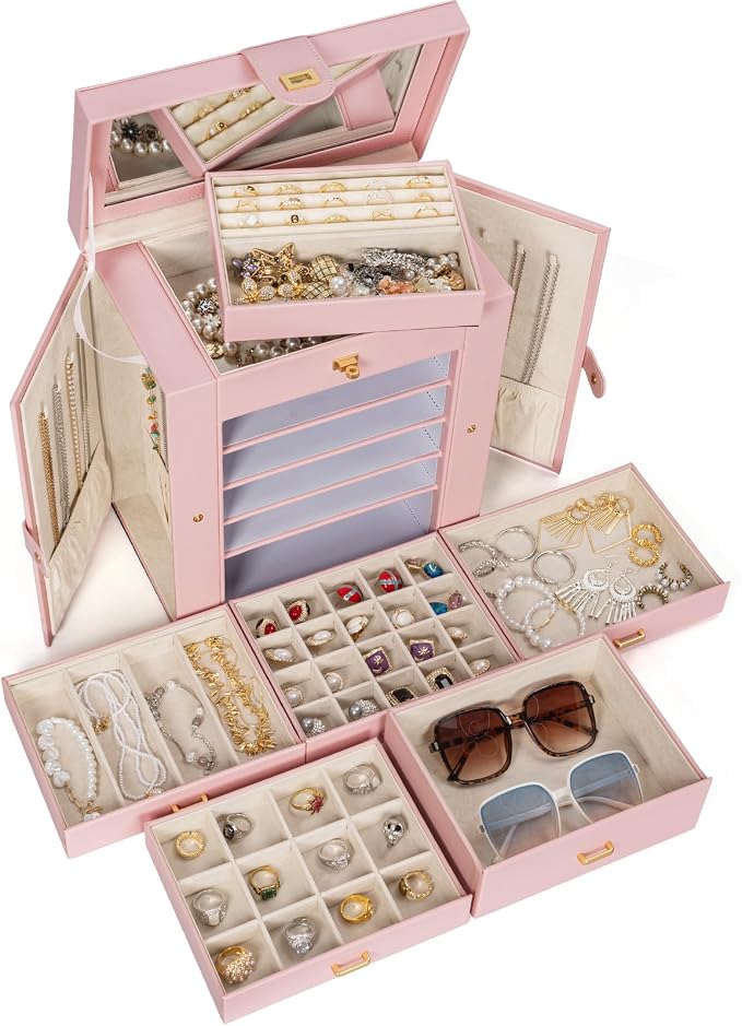 AKOZLIN Huge Jewelry Box Organizer Functional Extra Large Leather Jewelry Storage Case for Women Girls Ring Necklace Earring Bracelet Holder Organizer with Mirror - Image 3