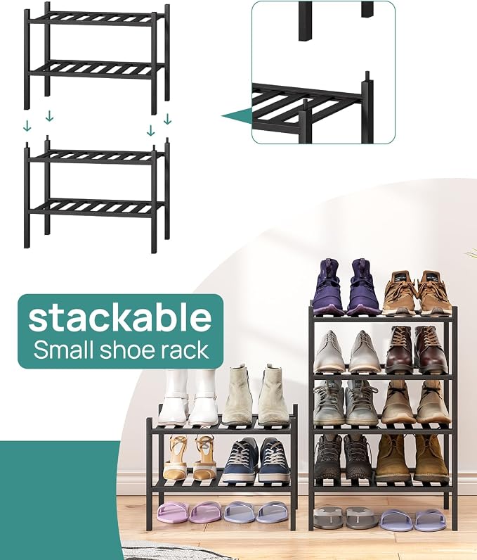 viewcare Black Small Shoe Rack for Entryway,2-Tier Bamboo Shoe Organizer for Hallway Closet, Free Standing Shoe Racks for Indoor Outdoor - Image 4