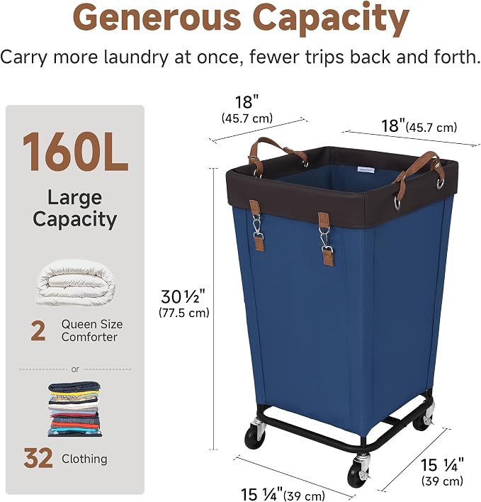 StorageWorks 160L Laundry Basket with Wheels, Large Rolling Hampers for Clothing Organizer, Dirty Clothes Basket for Hotel, Home, Closet, Dorm, Blue - Image 3
