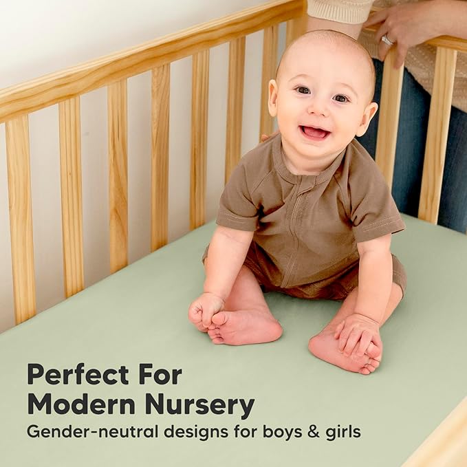 2-Pack Waterproof Baby Crib Sheets for Boys, Girls - 52x28 Viscose Derived from Bamboo Toddler Bed Sheet Neutral, Fitted Crib Mattress Protector Cover for Baby Bedding, Soft & Gentle (Avocado)