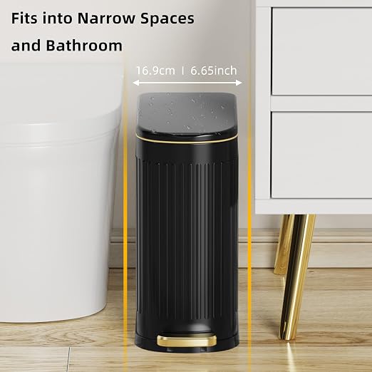 KSSKSS 2.6 Gallon Slim Bathroom Trash Can with Soft Close Lid, 10L Stainless Steel Garbage Can with Removable Liner Bucket, for Narrow Spaces, Bathroom, Bedroom (Matt Black) - Image 2