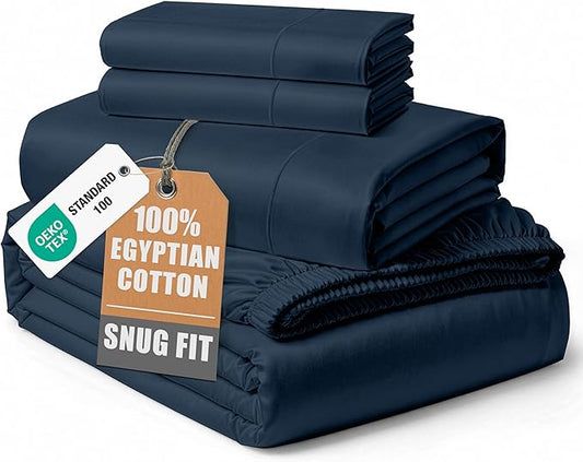 LANE LINEN 100% Egyptian Cotton Full Size Sheets, Soft & Comfy Sateen Weave No Pill Mercerized Cotton Cooling Sheets Full Size, Fully Elasticized Reinforced Seam Full Bedding Set – Dark Denim