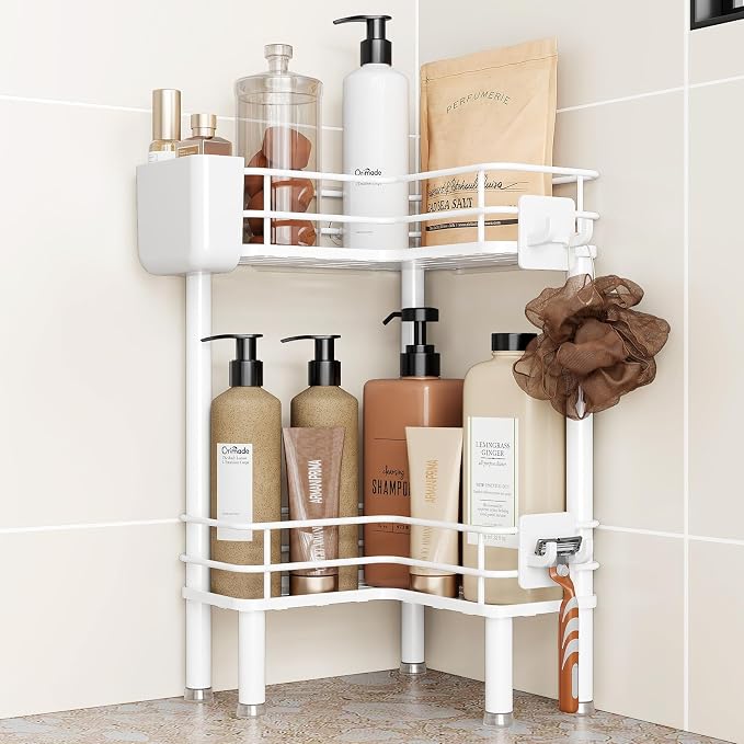 Orimade Rustproof 2 Tier Floor Standing Corner Shower Caddy Organizer with Toothbrush Holder, Large Spacing Floor Shower Shelf Rack Storage Stands with Hooks for Bathroom Kitchen, White by Orimade
