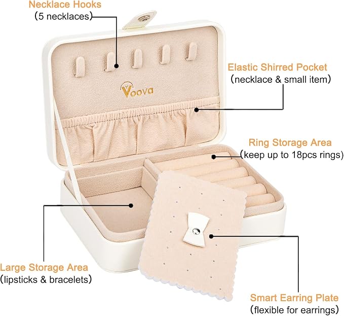 Voova Jewelry Box Organizer for Women Girls, 2 Layer Large Men Jewelry Storage Case, PU Leather Display Jewellery Holder with Removable Tray for Necklace Earrings Rings Bracelets (White, Small) - Image 2