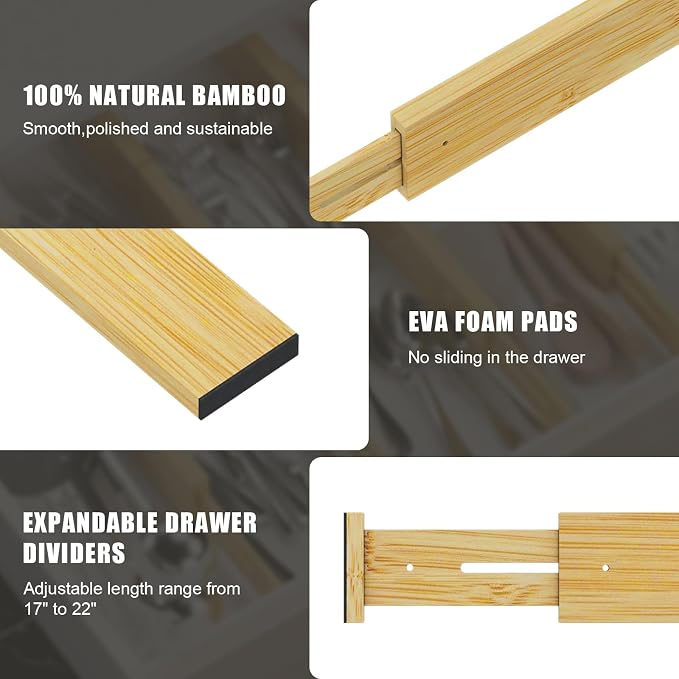 Bamboo Drawer Dividers,17-22" Adjustable Kitchen Drawer Organizer for Clothes,8 Pack Expandable Drawer Organization Separators for Bedroom,Bathroom,Dresser and Office,Natural - Image 7