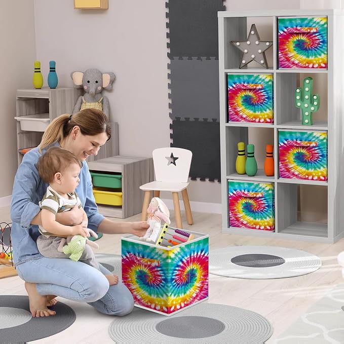 Sorbus 11 Inch Fabric Storage Cubes - Sturdy Collapsible Storage Bins & Handle - 6 Foldable Baskets for Organizing Clothes - Multi Colored Storage Baskets for Shelves (Dark Tie-dye, 11 Inch) - Image 2