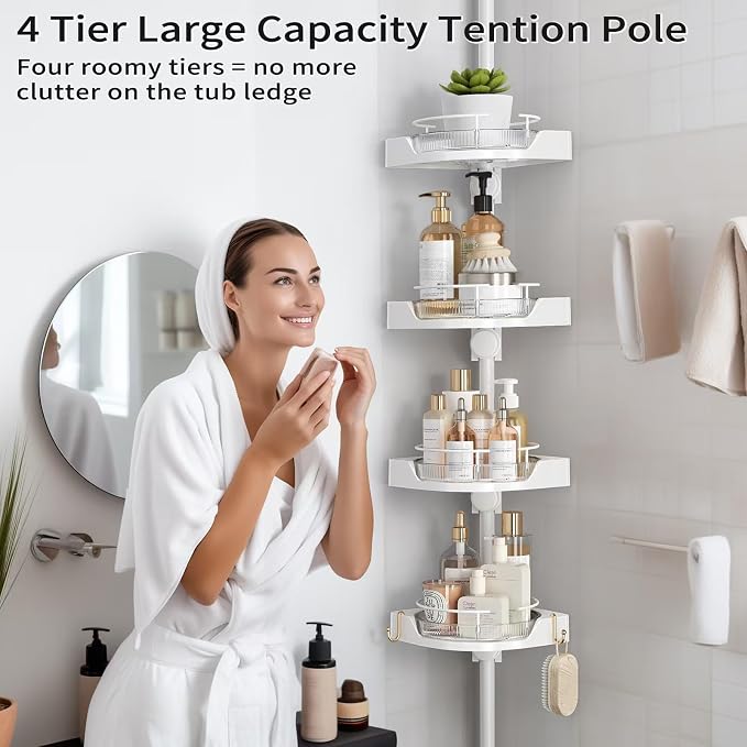 shuang qing 360° Rotating Corner Shower Caddy Tension Pole Organizer - 4-Tier Adjustable Rustproof Metal Pole, Plastic Shelves with Safety Guardrail, Bathroom Storage for Shower & Bathtub(White) - Image 6