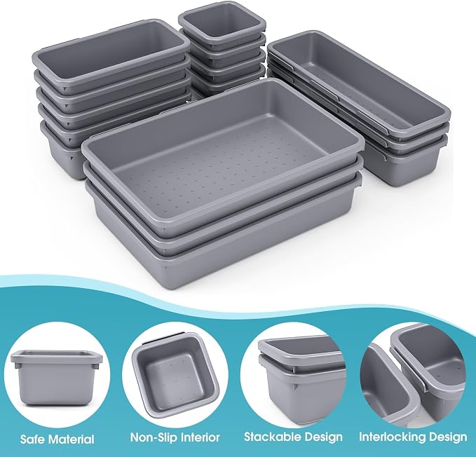 16 PCS Drawer Organizer Set, 4 Size Makeup Drawer Divider Organizer With Non-Slip Pads, Interlocking Plastic Storage Bins for Office,Jewelry Vanity,Gadgets, Bathroom,Kitchen, Grey - Image 3