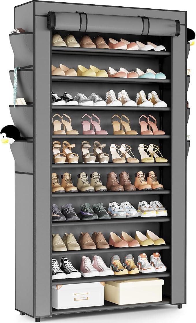 Mavivegue Shoe Rack with Cover, 10+1 Tier Tall Shoe Storage for 50-55 Pairs of Shoes, Shoe Organizer for Entryway, Closet, Garage, Grey by Mavivegue