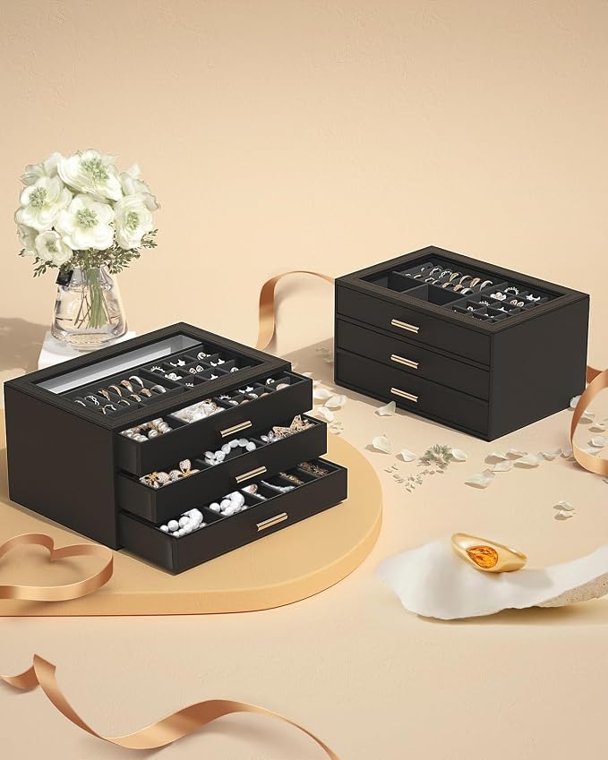 AKOZLIN Jewelry Box with Clear Lid Functional Leather Jewelry Storage Organizer Case 3 Drawers for Women Girls Necklace Ring Bracelet Earring - Image 7