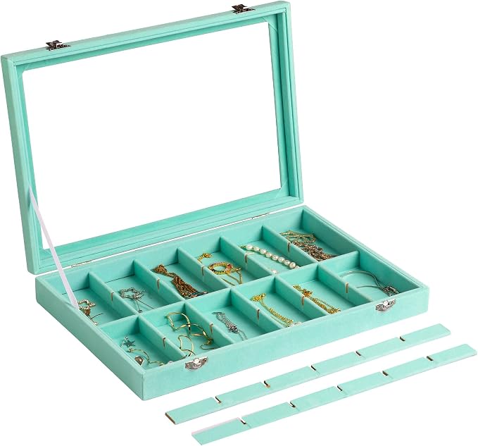 Frebeauty Jewelry Organizer Tray with Clear Lid 24 Grid Velvet Drawer Insert Jewelry Storage box with Transparent Glass lid Jewelry Display Case with Lock Gifts for Girls Women (Turquoise, 24 Grid) - Image 4