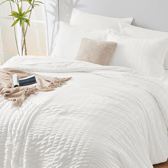 CozyLux Oversized Queen Comforter Set White Seersucker 7 Pieces 98x98 Bed in a Bag Comforter Set with Sheets, Luxury Soft Bedding Sets with Down Alternative Comforter, Sheets, Pillowcases & Shams