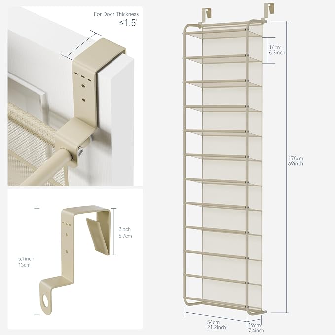 Whitmor 36 Pair Over The Door Shoe Organizer, 12 Tier Hanging Shoe Organizer, Heavy Duty Metal & Mesh Shoe Holder, Hanging Shoe Rack for Closet Organizer & Storage, 69"L x 21.7"W x 7.5"H, Oat - Image 2