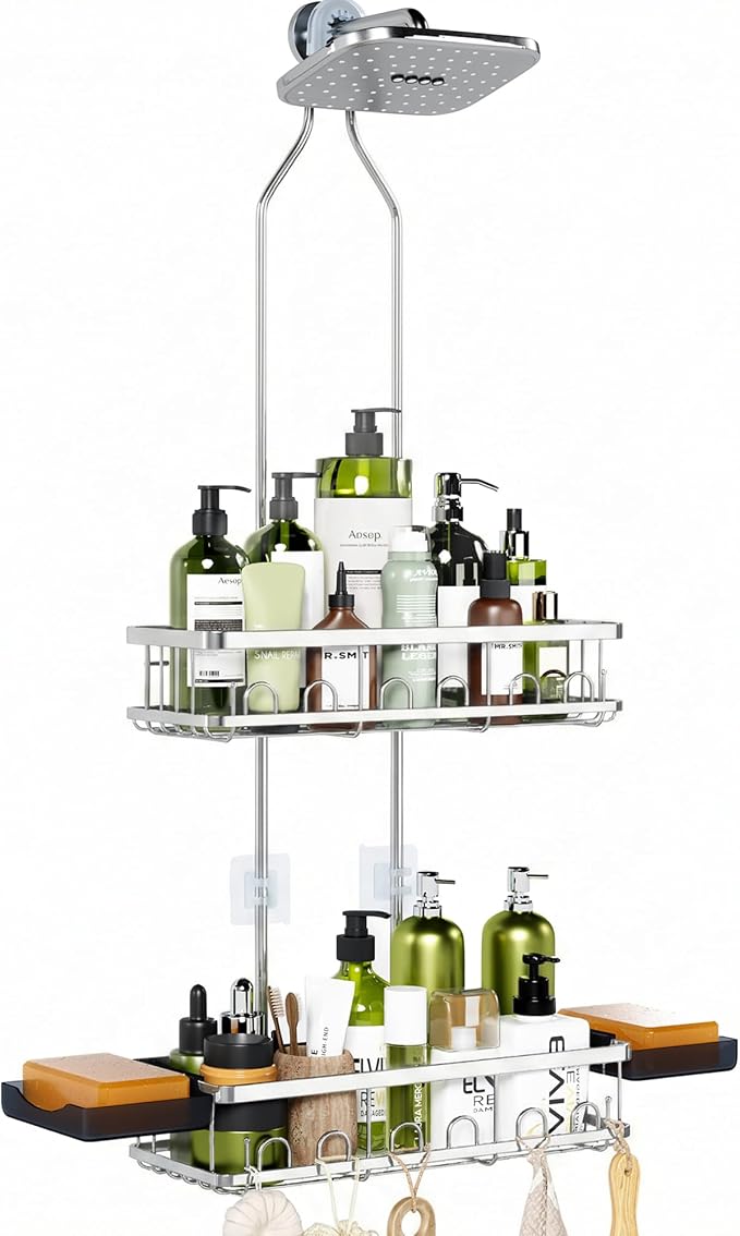 Skyapex Shower Caddy Hanging: Adjustable Height, Rustproof Shelves with Hooks, 2 Soap Holders - Silver Shower Organizer Over Showerhead by Skyapex