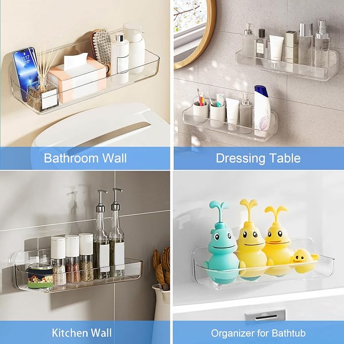 Diesisa Acrylic Wall Mounted Shower Caddy, Clear, Large Size 4D x 12.8" W x 3.3" H, Acrylic Shelf, No Drilling Walls Adhesive Shelf, Bathroom Shelves with Self Adhesive Tape for Bathroom, Kitchen - Image 8