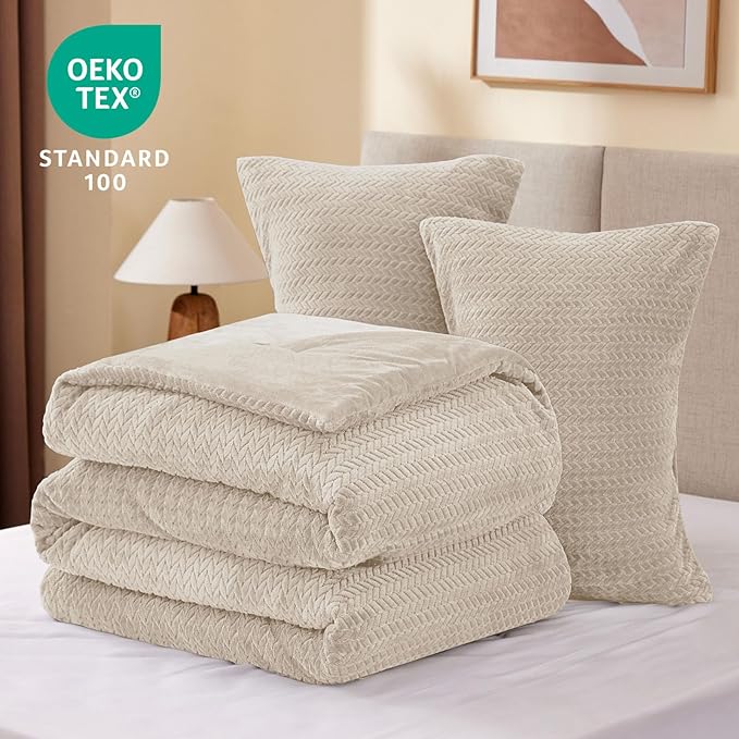 Flannel Fleece Full Comforter Set - Furry Linen Leaves Pattern Faux Fur Bed Set, Winter Ultra Soft Fuzzy Comfort Set, Velvet Bedding Set for Bed with 2 Pillow Cases