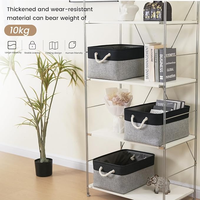 Large Storage Baskets- 15.7x11.8x8.26 inch Storage Bins for Shelves and Closet Organizing, Foldable Fabric Bin for Home Organization Clothes and Laundry (6-Pack, Black&Gray) - Image 3