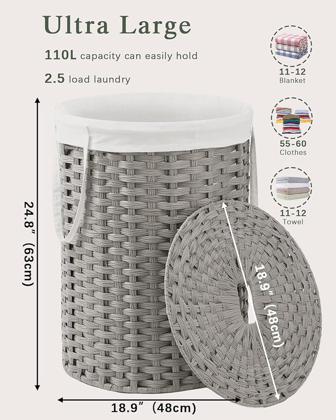 SETVSON Laundry Basket with Lid Round Rattan Laundry Hamper with Lid and Handles 29.1 Gal (110 L) Handwoven Woven Basket with Removable Bags and 2 Mesh Bags for Bathroom Living Room Gray - Image 4