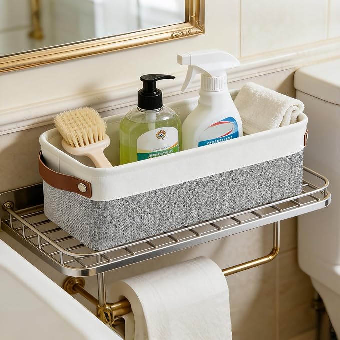 Bagnizer Small Fabric Storage Baskets, 15x6x5 inch Narrow Storage Bins 4-Pack Long Storage Basket for Organizing with Handles, Decorative Basket for Closets, Shelves, Toilet Paper, Grey - Image 6