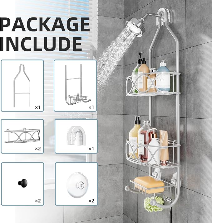 GAOKASE Shower Caddy Hanging 3 Tier with Two Movable Baskets, Grey Shower Caddy with Hooks for Towels, Sponge and More - Image 8