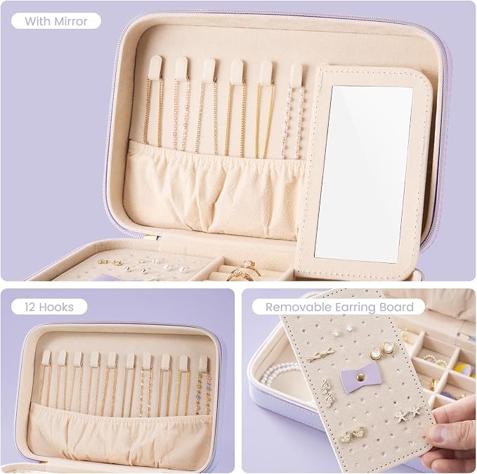 Lolalet Travel Jewelry Case for Women Girls, Travel Jewelry Organizer Box with Mirror & Clear Storage Bag, Small Portable Earring Necklace Bracelet Ring Case, Birthday Valentine Gifts -Medium, Purple - Image 5