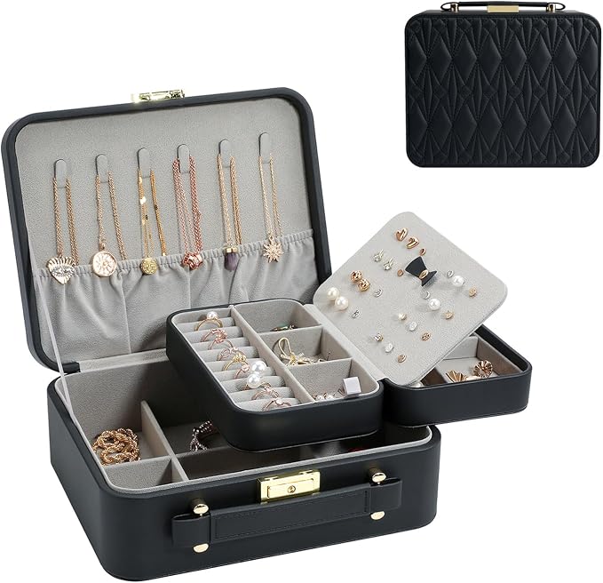 Portable Jewelry Box, Large Travel Jewelry Case Organizer (Black) - Image 2