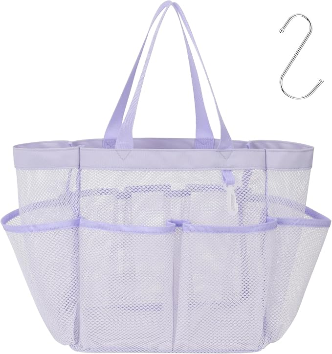 F-color Mesh Shower Caddy Portable, Upgrade Deeper 7 Pockets Shower Bag Basket Tote for College Dorm Room Toiletry Bathroom Essentials Gym Camp Quick Dry 2 handles with S Hook, Purple by F-color