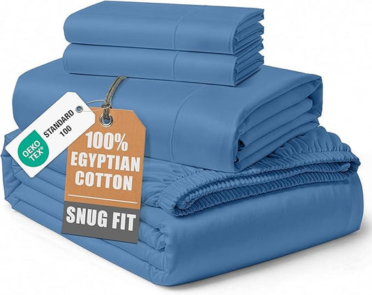 LANE LINEN 100% Egyptian Cotton King Bed Sheets, No Pill Cooling Sheets King Size, Soft & Comfy Sateen Weave for Silky Smooth Finish, Available in Variety of Colors - Blue Jasper