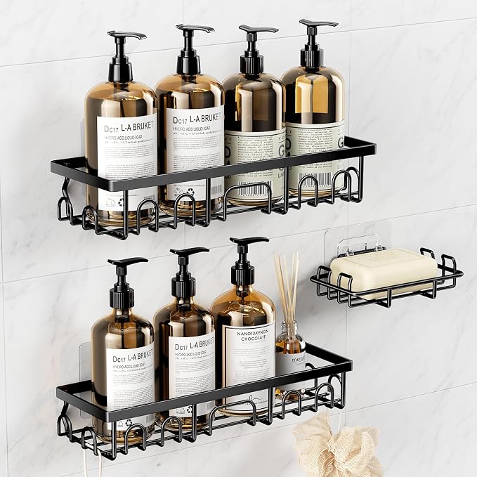 Shower Caddy, 3 Pack Shower Shelves for Inside Bathroom, Rustproof Adhesive Bathroom Organizer with Soap Holder, No Drilling Washroom Organizers and Storage for Bathtub Room/Kitchen/Home, Black - Image 2