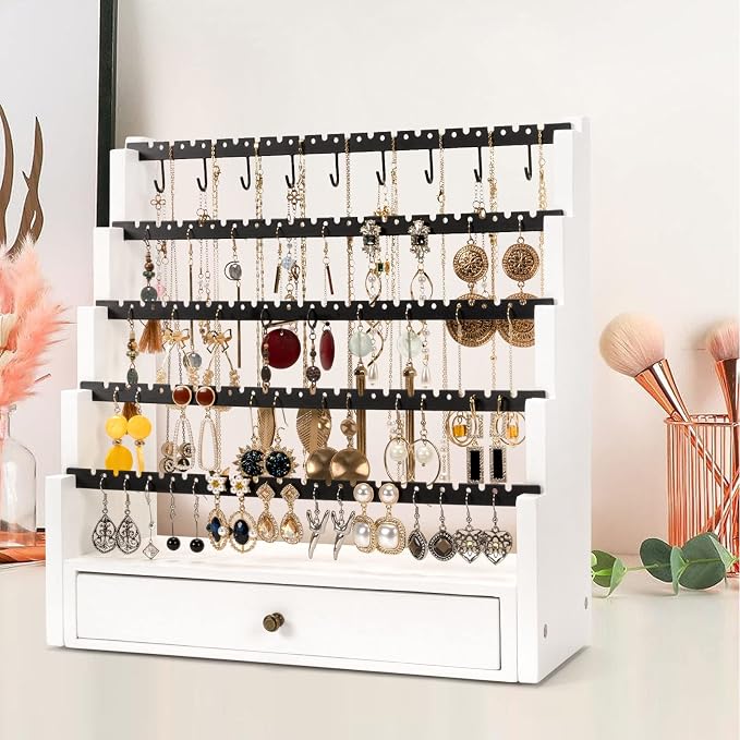 Pinzoveco Earring Organizer, 5 Layer Earring Holder Organizer with Necklace Holder Pole, Rustic Wood Jewelry Organizer Stand Display for Stud Earring Bracelet Necklace Ring, 175 Earring Holes - Image 6