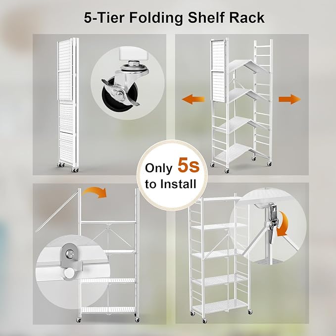 Himix Storage Shelves with 20 Hooks, 5-Tier Foldable Shelves for Storage, Collapsible Organization Rack Bookshelf 440 Ibs for Kitchen Garage Home Room, White - No Assembly - Image 4