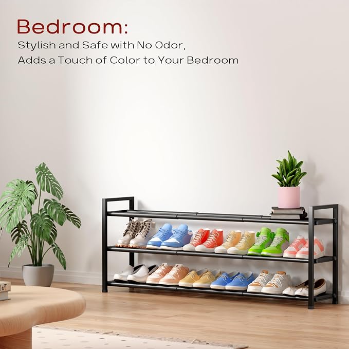 Bumusty 3-Tier Long Expandable Shoe Rack for Closet, 18"-44" Adjustable Shoe Rack for Entryway, 15-18 Pairs Large Shoe Organizer Shelf Storage, Sturdy Metal, Black - Image 6