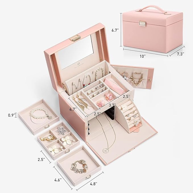 Vlando Mirrored Jewelry Box Organizer, Leather Jewelry Storage Case, Necklaces Earrings Rings Brackets Box Holder, Pink - Image 3