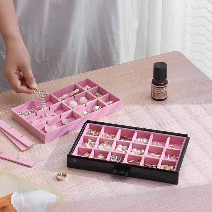 YUFONG Earring Organizer Box Acrylic Jewelry Organizer with 3 Drawers 54 Adjustable Grids Clear Stackable Earring Holder Velvet Trays Ring Display Case for Women Girls (Black Pink) - Image 4