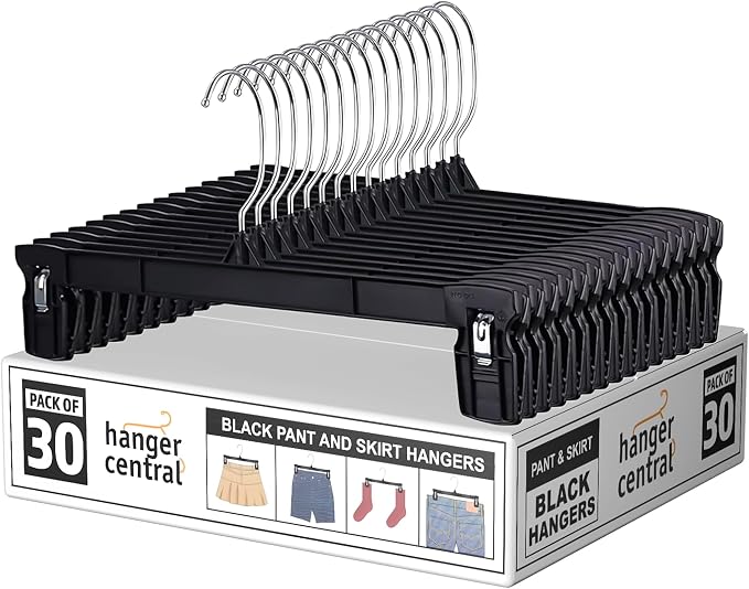 Hanger Central 30 Pack Pants Hangers Slim Plastic Clothes Hangers with Clips for Skirts, Shorts & Trousers – Non Slip Grip, Heavy Duty Space Saver with Swivel Hook – Black Closet Organizer - 10 Inch by HangerCentral