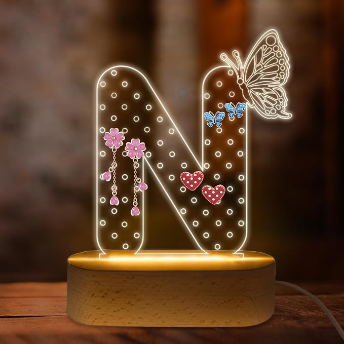 COSHAYSOO Initial Acrylic Earring Holder Organizer for Women Teen Girls with Butterfly Decoration LED Night Light Gifts Personalized Nursery Decor Teacher Nurse Appreciation Jewelry Stand Letter N by COSHAYSOO