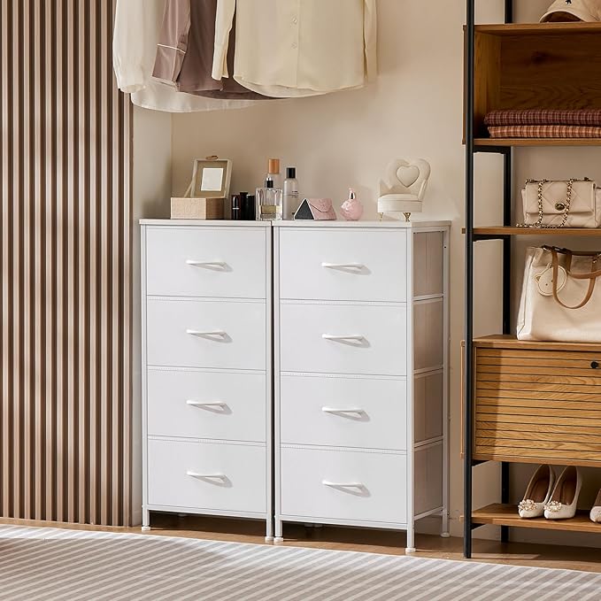 Sweetcrispy Dresser for Bedroom, Storage Drawers, Skinny Fabric Storage Tower with 4 Drawers, Tower Organizer Unit, Chest of Drawers with Wooden Top for Closet，Entryway