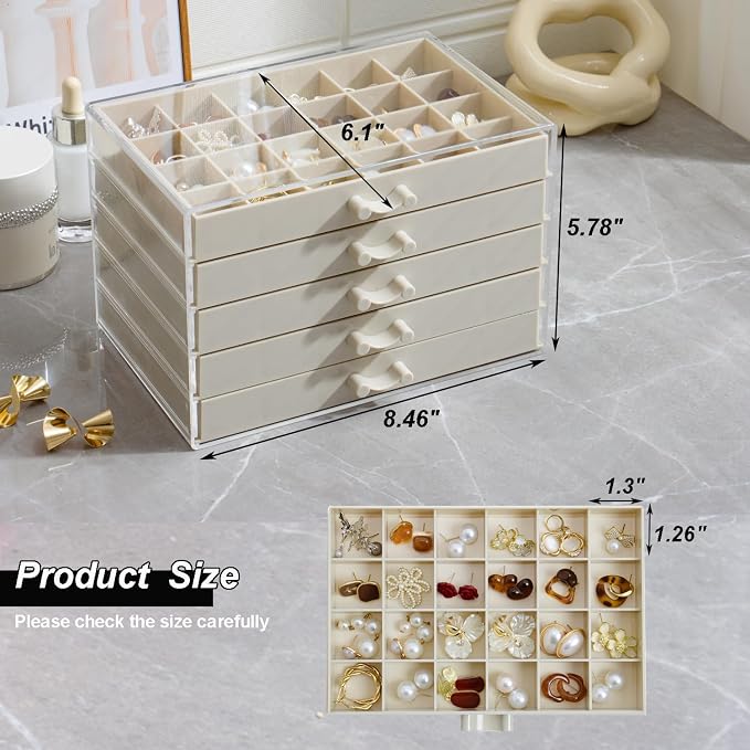 YUFONG Earring Storage Box Organizer, Acrylic Jewelry Storage Box Holder 5 Drawers Transparent Jewelry Display Stand with 120 Small Compartments Gift Boxes for Women Girls (Beige) - Image 3